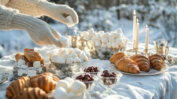 Cozy winter gathering with marshmallows and pastries in a snowy outdoor setting photo