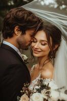 A tender moment between a bride and groom under soft wedding veil during sunset photo