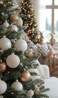 Decorated Christmas tree with elegant ornaments and warm lights in a cozy living room photo