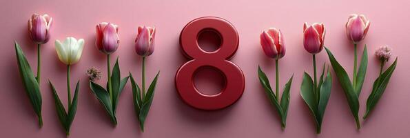 Brightly colored tulips surround a red number eight on a pink backdrop for a celebratory occasion photo