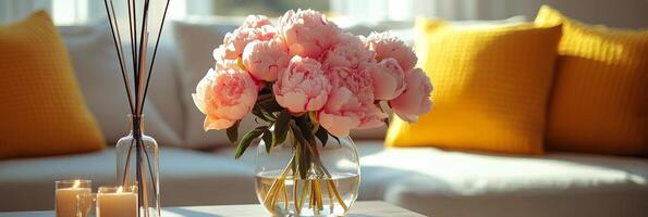 Bright living room with a pink peony bouquet and a stylish fragrance diffuser on a sunny day photo