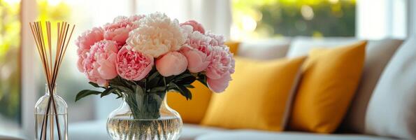 Bright living room with a pink peony bouquet and a stylish fragrance diffuser on a sunny day photo