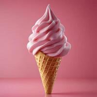 Delicious pink swirl ice cream cone against a vibrant pink background photo