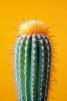 Beautiful close up of a tall green cactus with yellow spines against a bright orange background photo