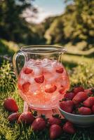 Refreshing strawberry lemonade served in a pitcher on a sunny day in a lush green field photo