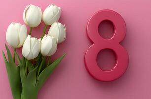Elegant arrangement of white tulips next to a striking red number 8 on a pink background photo