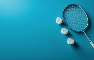 A badminton racket and shuttlecock resting on a blue background, ideal for sports enthusiasts photo