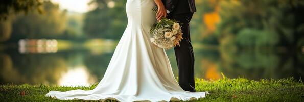Elegant wedding couple walking hand in hand along a serene, tree lined path during golden hour photo