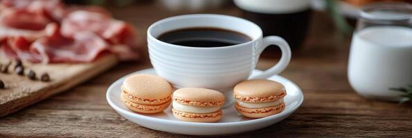 Delicious macaroons served with coffee on a rustic wooden table for a delightful breakfast photo