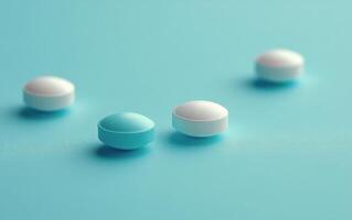 Colorful capsules and tablets scattered on a light blue surface in a clinical setting photo