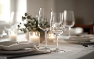 Elegant table setting for a wedding reception with candles and greenery in soft lighting photo