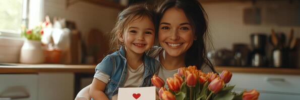 A mother and daughter enjoy a creative moment together with flowers and a heartfelt card photo