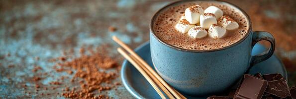 Warm cup of hot chocolate with marshmallows and chocolate pieces on a rustic wooden table photo