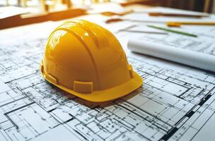 Yellow hard hat rests on blueprints in a sunlit construction office during late afternoon photo