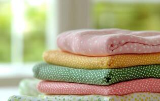 Neatly stacked colorful towels on a table in a bright, sunlit room during daytime photo