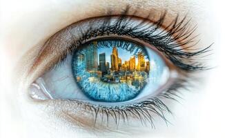 Reflection of a vibrant city skyline captured in a close up of an eye at twilight photo