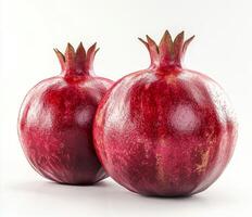 Freshly cut pomegranate revealing juicy red seeds on a neutral background photo