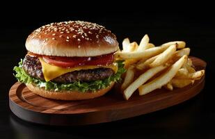 Juicy cheeseburger with fresh toppings served alongside crispy fries on a wooden platter photo
