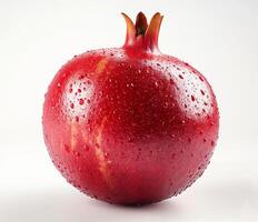 Freshly cut pomegranate revealing juicy red seeds on a neutral background photo