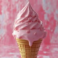 Delicious pink swirl ice cream cone against a vibrant pink background photo