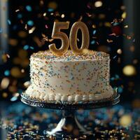 50th birthday cake adorned with golden decorations and sparkling confetti at a celebratory event photo