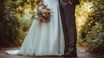 A couple stands close together in a lush garden on their wedding day while holding a bouquet photo