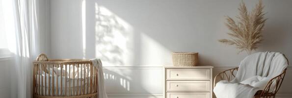 Cozy nursery with rattan crib and minimalist decor bathed in natural sunlight photo