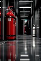 Red and white fire extinguishers lined up in a modern hallway with artwork on the walls photo
