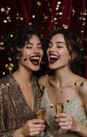 Two joyful friends celebrate at a festive party with champagne and confetti in the evening photo