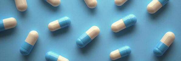 Colorful capsules scattered on a blue surface depicting a medical theme photo