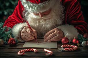 Santa Claus writing a letter in a cozy setting surrounded by festive decorations and candy canes photo