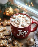 Warm holiday joy with hot cocoa and gingerbread cookies on a cozy winter morning photo