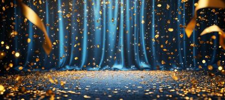 Golden confetti falls against a blue curtain backdrop during a vibrant celebration event photo