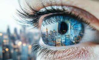 Reflection of a vibrant city skyline captured in a close up of an eye at twilight photo