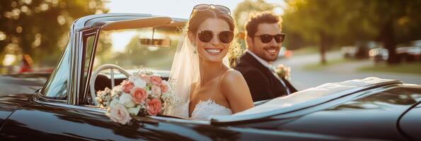 Joyful bride and groom in vintage convertible on sunny day after wedding ceremony photo