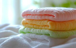 Neatly stacked colorful towels on a table in a bright, sunlit room during daytime photo