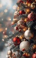 Close up of Christmas ornaments hanging on a frosted tree with warm lights in the background photo