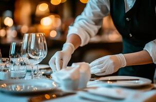 Elegant dining preparation with a server plating a dish in a fine restaurant during evening hours photo