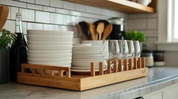 Organized kitchen countertop displaying stacks of clean dishes and glassware in a sunny setting photo