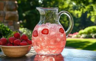 Refreshing strawberry beverage served in a glass pitcher surrounded by fresh strawberries outdoors photo