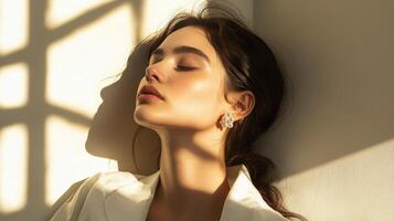 Elegant woman with pearls against the wall in soft natural light during afternoon photo