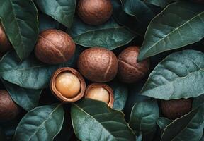 Freshly harvested macadamia nuts surrounded by lush green leaves in a vibrant display photo