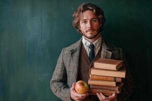 A smiling teacher holds books and apples in a classroom, showcasing a warm learning environment photo