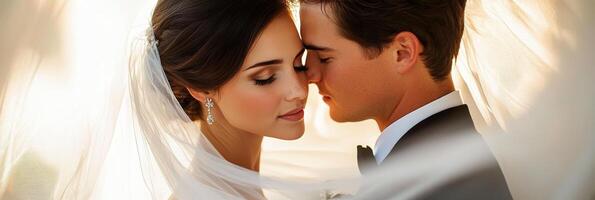Intimate moment between a bride and groom captured during their wedding ceremony outdoors photo