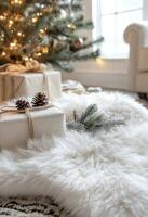 Cozy holiday gift wrapped in white fabric with pinecones, placed near a decorated Christmas tree photo