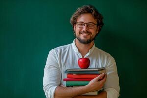 A smiling teacher holds books and apples in a classroom, showcasing a warm learning environment photo