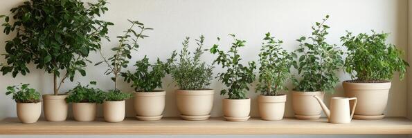 A variety of potted plants on a wooden shelf against a light wall in a cozy indoor setting photo