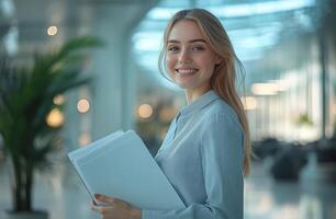 Young woman smiles while holding documents in a bright office during the afternoon photo