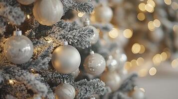 Elegant silver and white Christmas tree decorated with ornaments and flowers in a cozy setting photo