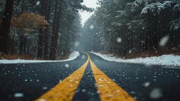 Snow falls gently on a winding road surrounded by tall trees in a winter landscape photo